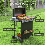 Outsunny 5 Burner Gas Barbecue Grill with Side Burner, Lid and Thermometer – Portable BBQ, Black