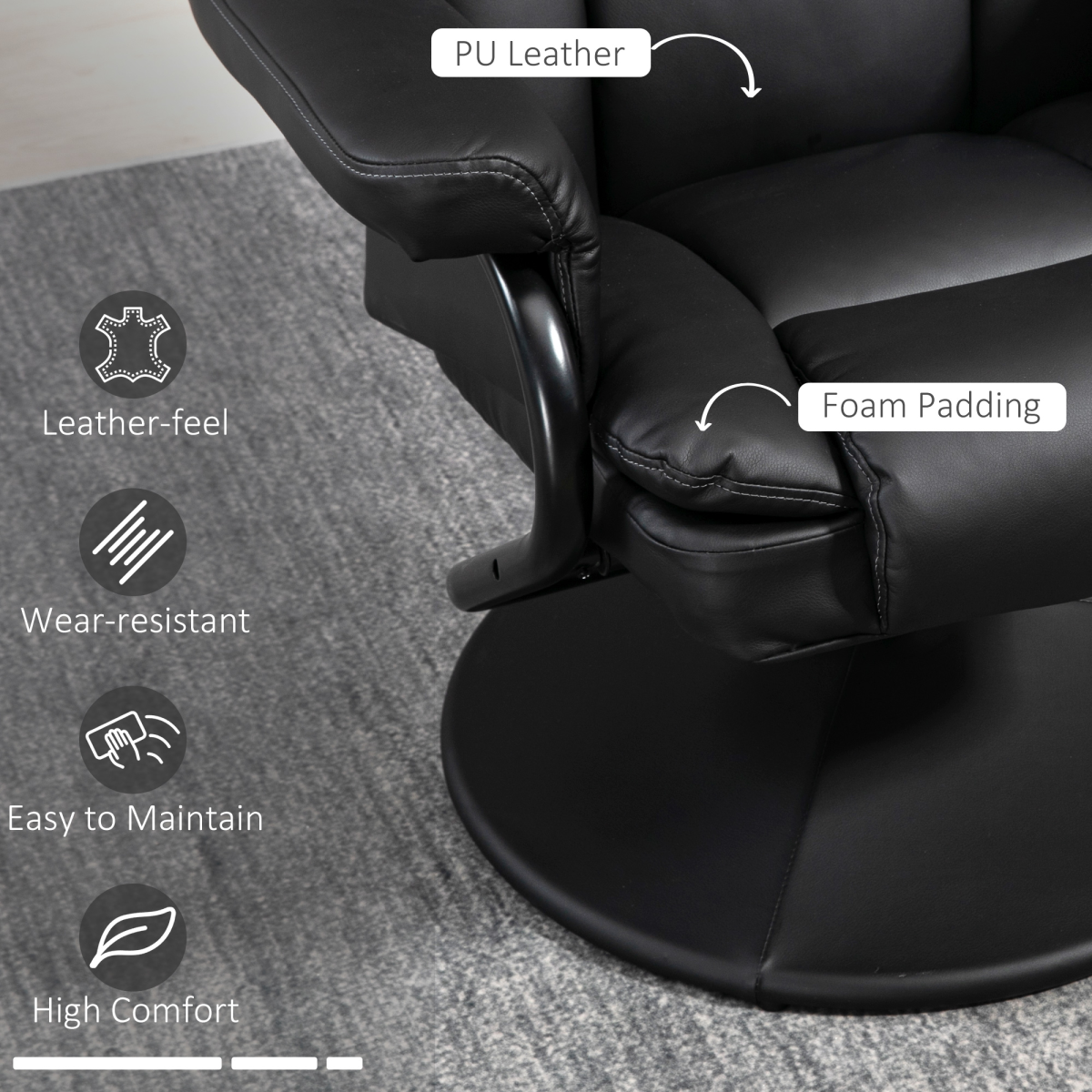 Swivel Recliner Chair with Footstool, 135° Manual Recline & Thick Foam Padding – PU Leather Armchair, Black