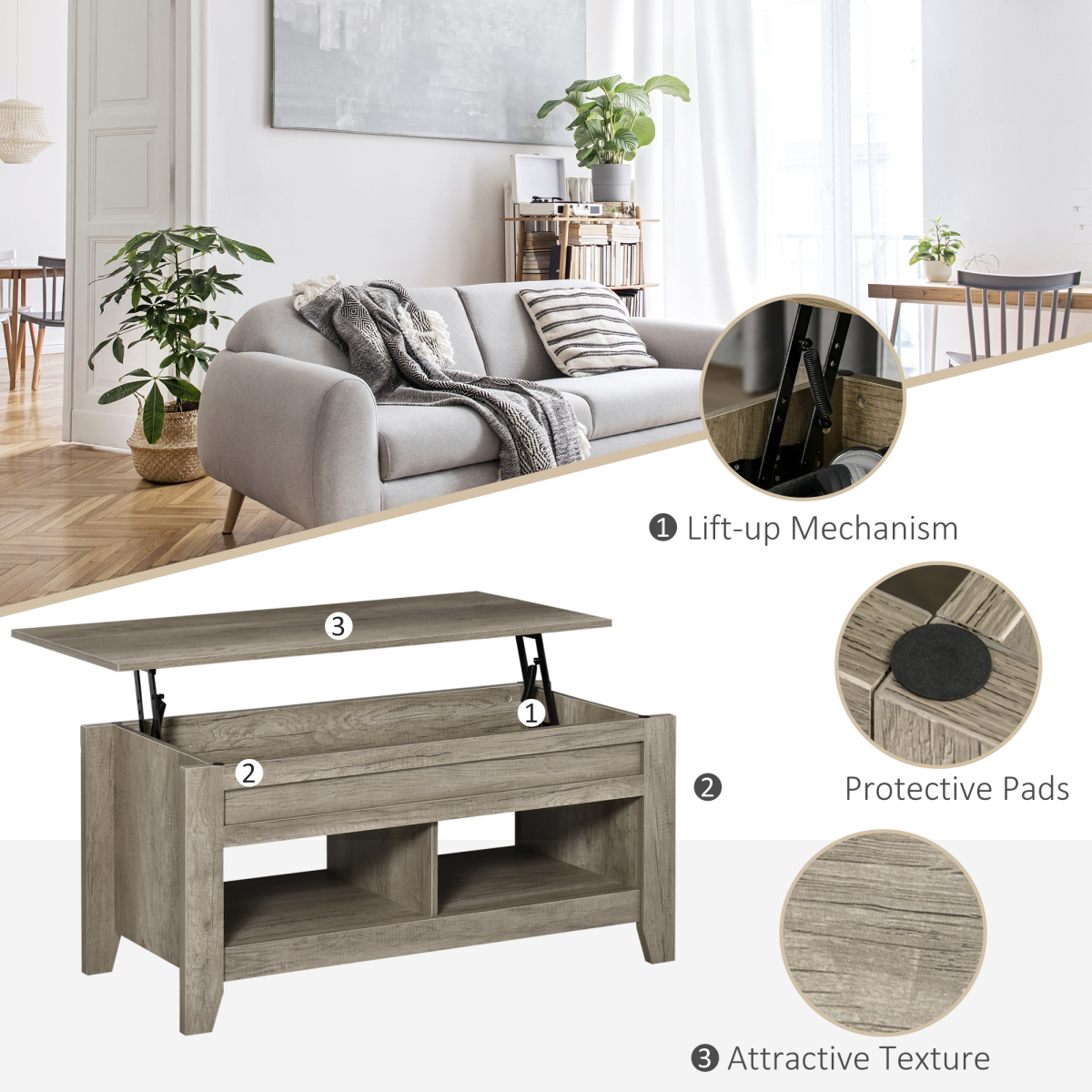 HOMCOM Lift-Top Coffee Table with Hidden Storage & Open Shelves – Sofa Dining and Laptop Table, Oak