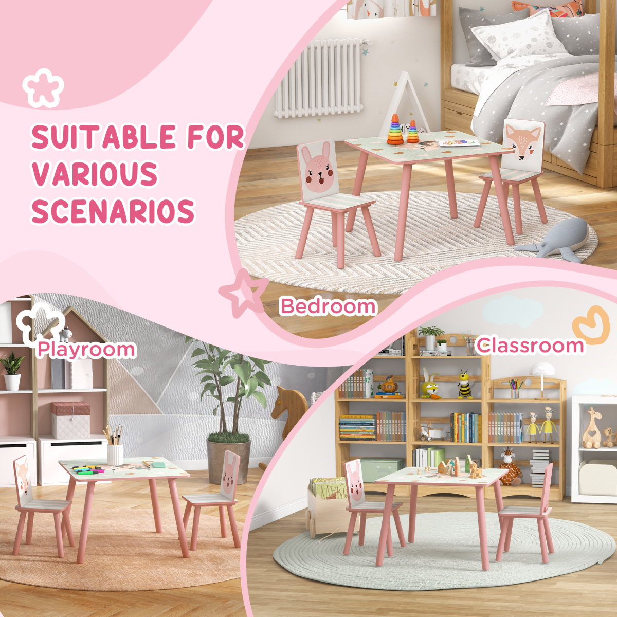 ZONEKIZ Kids Table and 2 Chairs Set with Rounded Edges – Children's Desk for Arts, Crafts & Homework, Pink