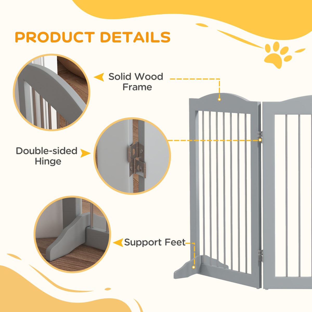 PawHut Foldable Dog Gate with Two Support Feet – Freestanding Pet Barrier for Doorways & Stairs, Grey