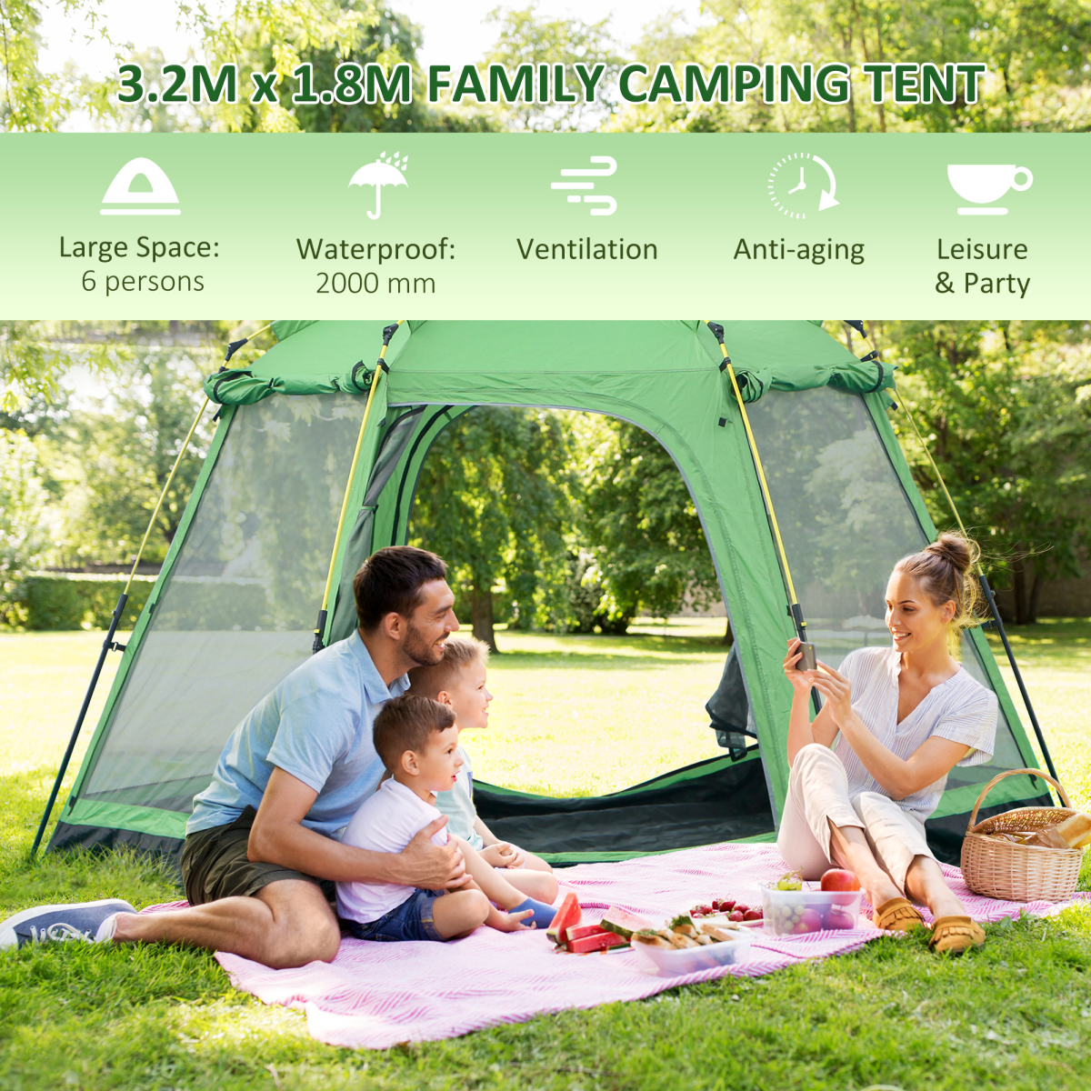 Outsunny 6 Person Pop-Up Camping Tent with 2 Doors, Mesh Windows & Carry Bag – 2000mm Waterproof Family Tent
