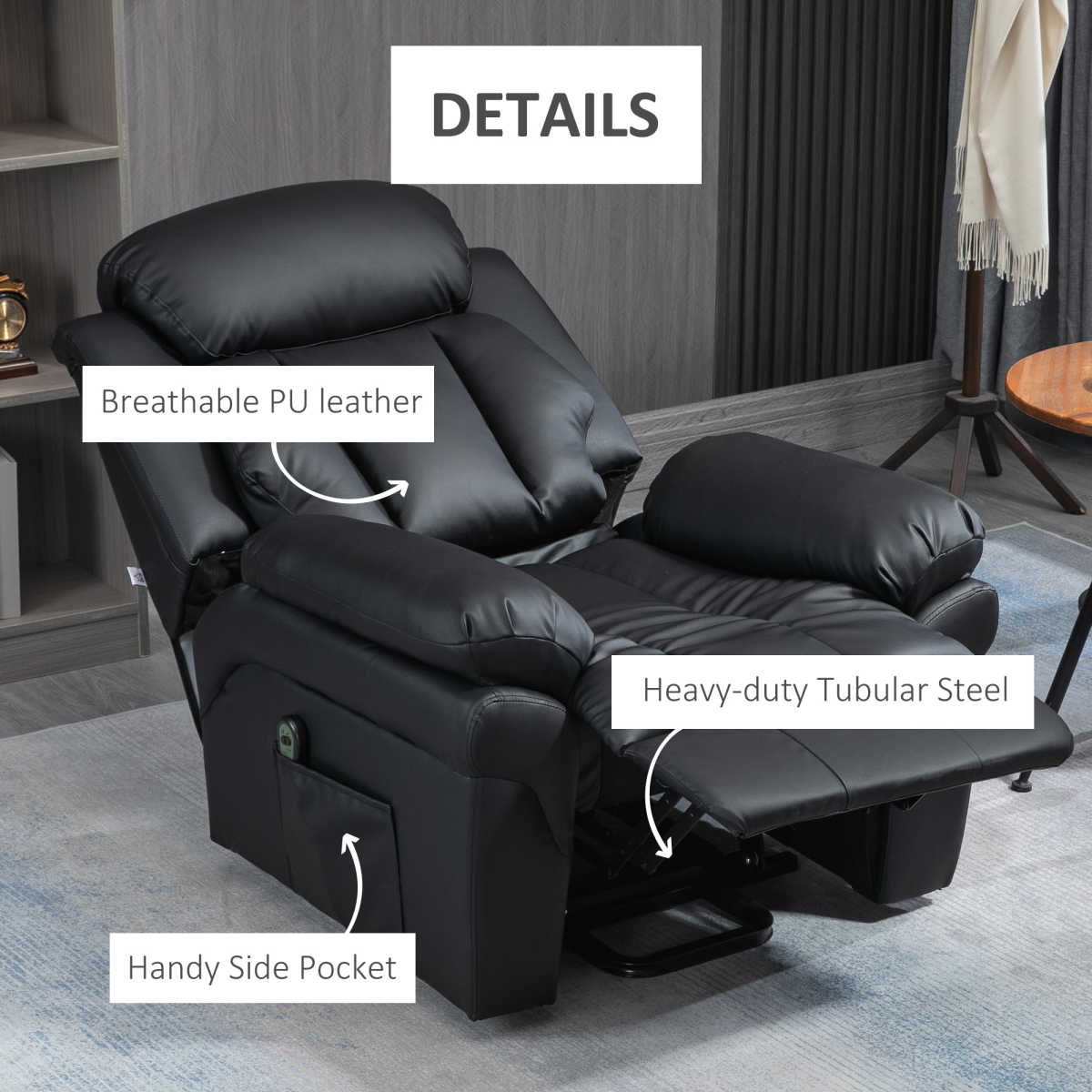 HOMCOM PU Leather Electric Lift and Rise Recliner, Overstuffed Design – Standing Assistance Chair, Black