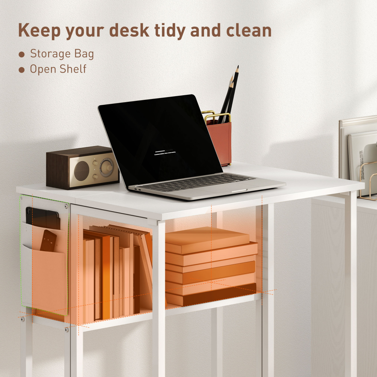 Folding Drop Leaf Writing Desk with Lower Shelf & Storage Bag – Mobile Desk on Wheels, Natural Wood Finish & White