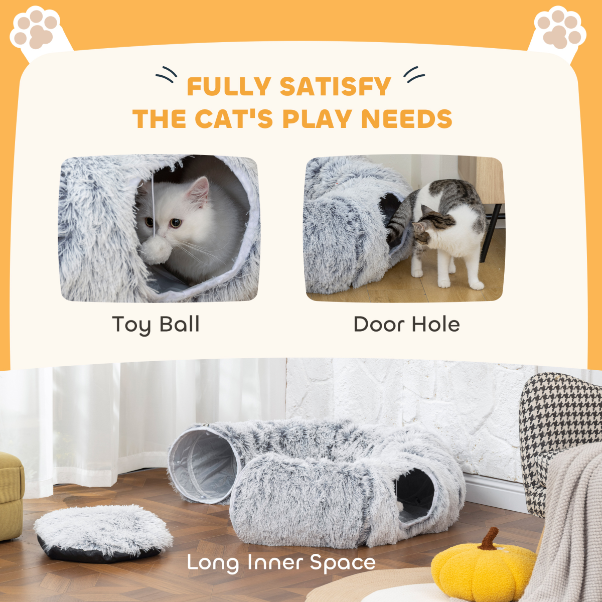 PawHut Donut Cat Play Tunnel Bed with Washable Cushion and Toy Ball – Foldable Pet Tunnel, Light Grey