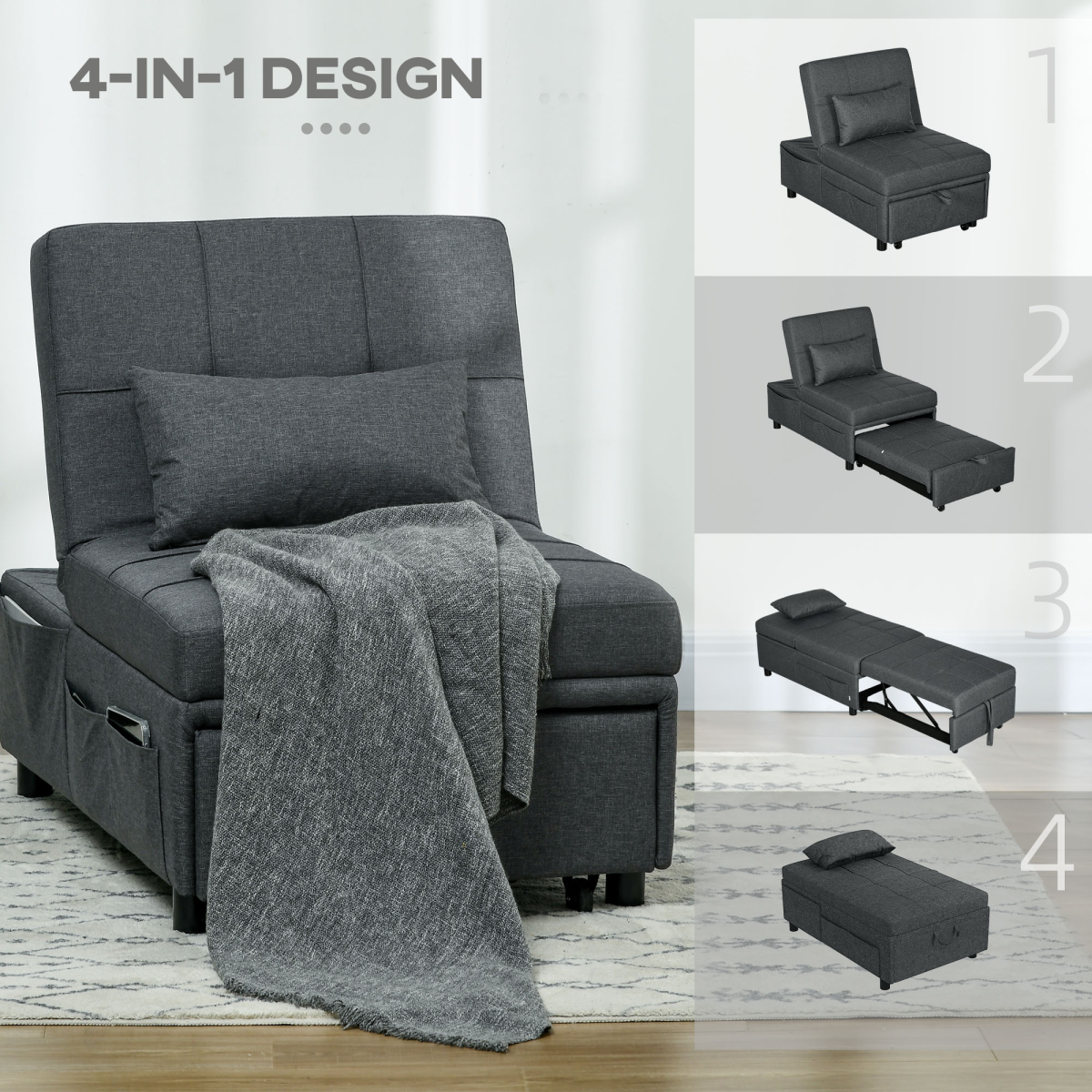 HOMCOM Folding Single Sofa Bed with Adjustable Backrest & Pillow – Sofa, Lounger and Bed in One, Grey