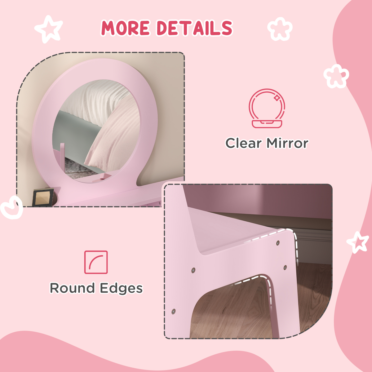 AIYAPLAY Kids Dressing Table Set with Stool, Oval Mirror and Four Drawers – Pink