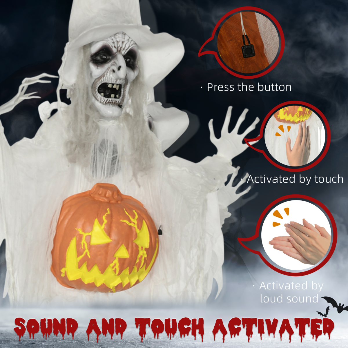 HOMCOM Life Size Witch Prop with Motion and Sound Activation, Light-Up Eyes – Halloween Decoration, White