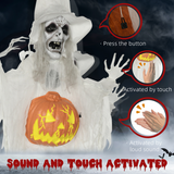 HOMCOM Life Size Witch Prop with Motion and Sound Activation, Light-Up Eyes – Halloween Decoration, White