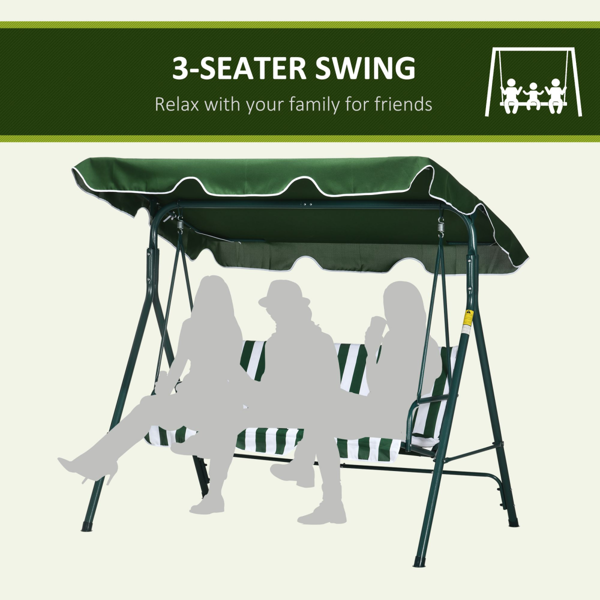 Outsunny 3-Person Porch Swing Chair with Tilting Canopy and Cushions – Steel Garden Swing Seat, Green