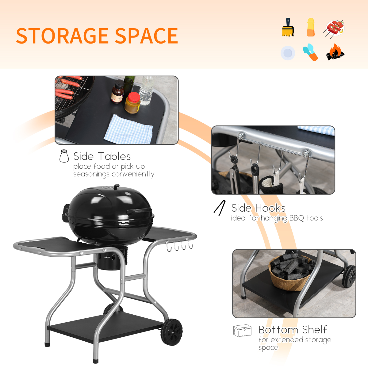 Outsunny Garden Charcoal Barbecue Trolley Grill with Wheels, Side Trays & Storage Rack – Black
