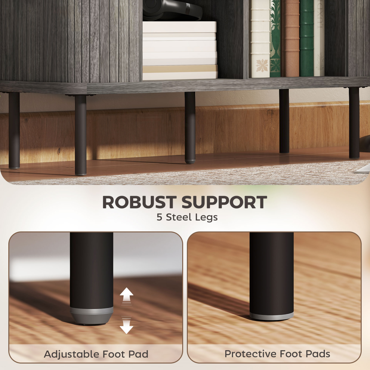 Mid-Century Sideboard with Slatted Tambour Sliding Doors – Kitchen & Hallway Storage Cabinet, Grey & Black
