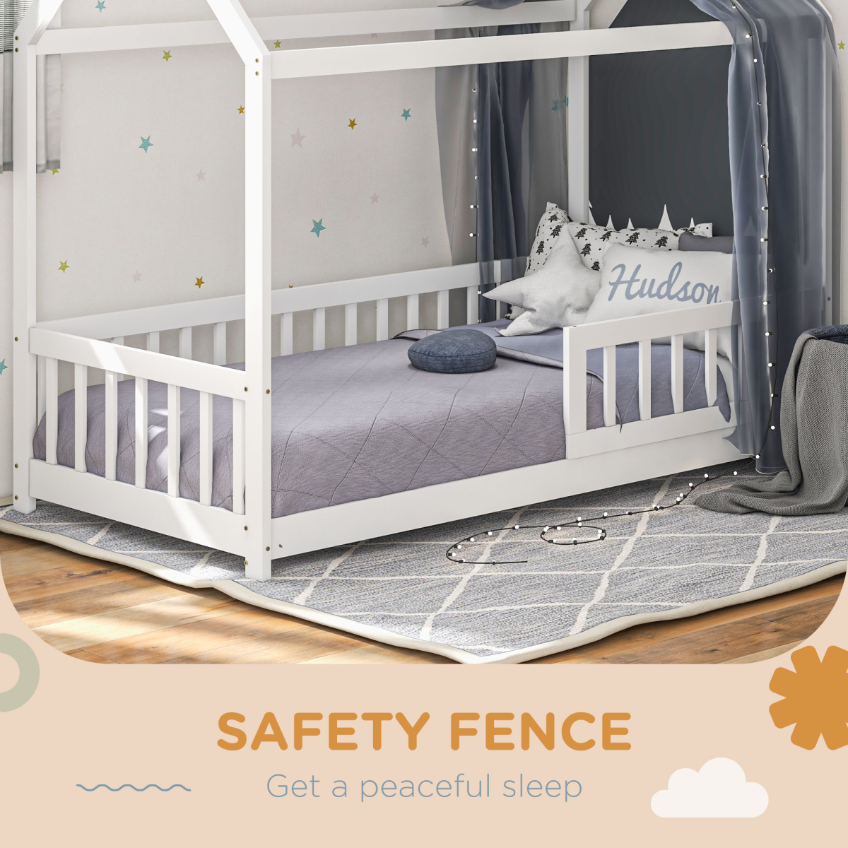 HOMCOM House-Shaped Kids Single Bed Frame with Safety Fence – Solid Pine, White