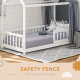 HOMCOM House-Shaped Kids Single Bed Frame with Safety Fence – Solid Pine, White