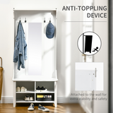 HOMCOM 3-in-1 Mirrored Shoe Cabinet with Bench, Coat Hooks and 4 Storage Cubes – White, 80cm