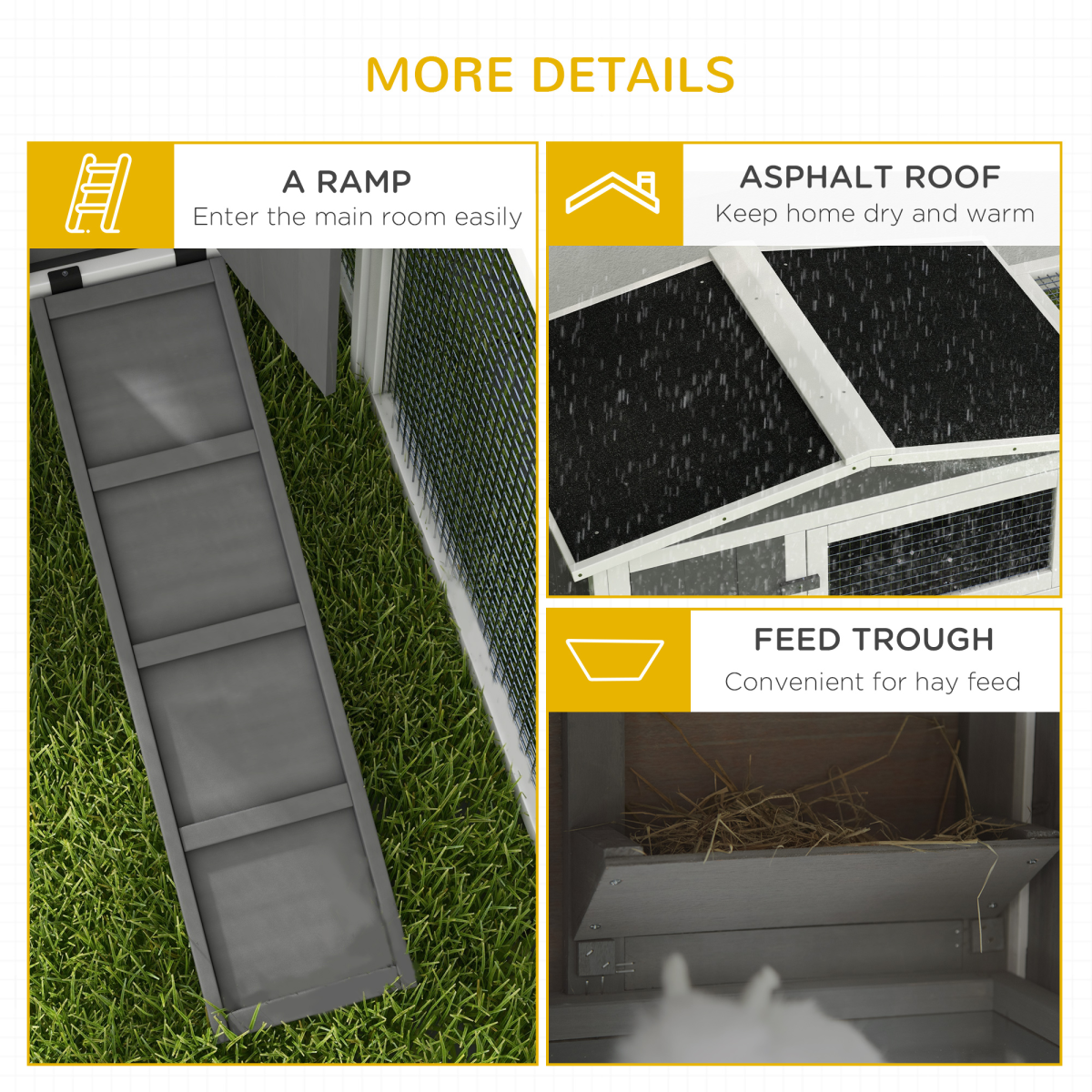 Wooden Rabbit Hutch with Detachable Run, Asphalt Roof & Tray – Outdoor Bunny Cage for 1–2 Rabbits, Light Grey
