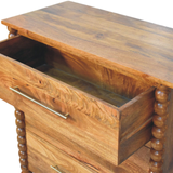 Artisan Furniture Solid Wood Spindle Chest of 3 Drawers with Brass Handles – Amber Oak Finish, Brown