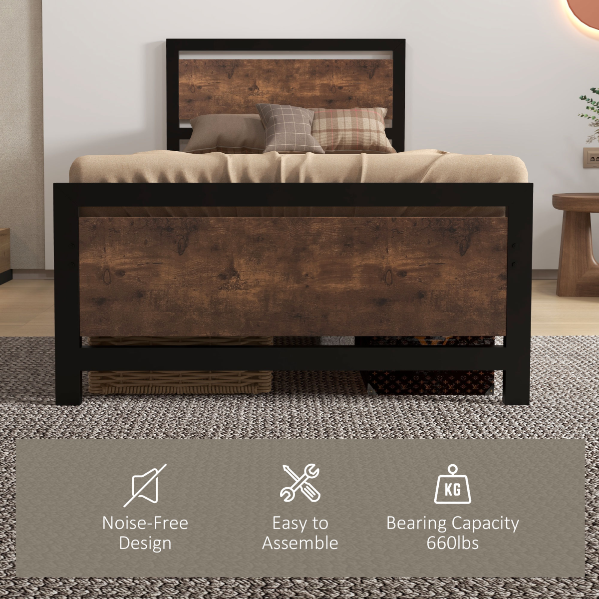 HOMCOM Single Metal Bed Frame with Headboard & Footboard – Sturdy Bedroom Furniture, 97 x 195cm