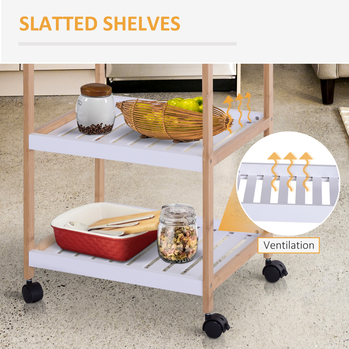 HOMCOM 3-Tier Bamboo Kitchen Serving Trolley on Wheels – Mobile Storage with Push Handle
