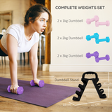 Dumbbell Set with Storage Rack, 12kg Total (2 x 1kg, 2 x 2kg, 2 x 3kg) – Home Gym Hand Weights, Pink, Blue & Purple