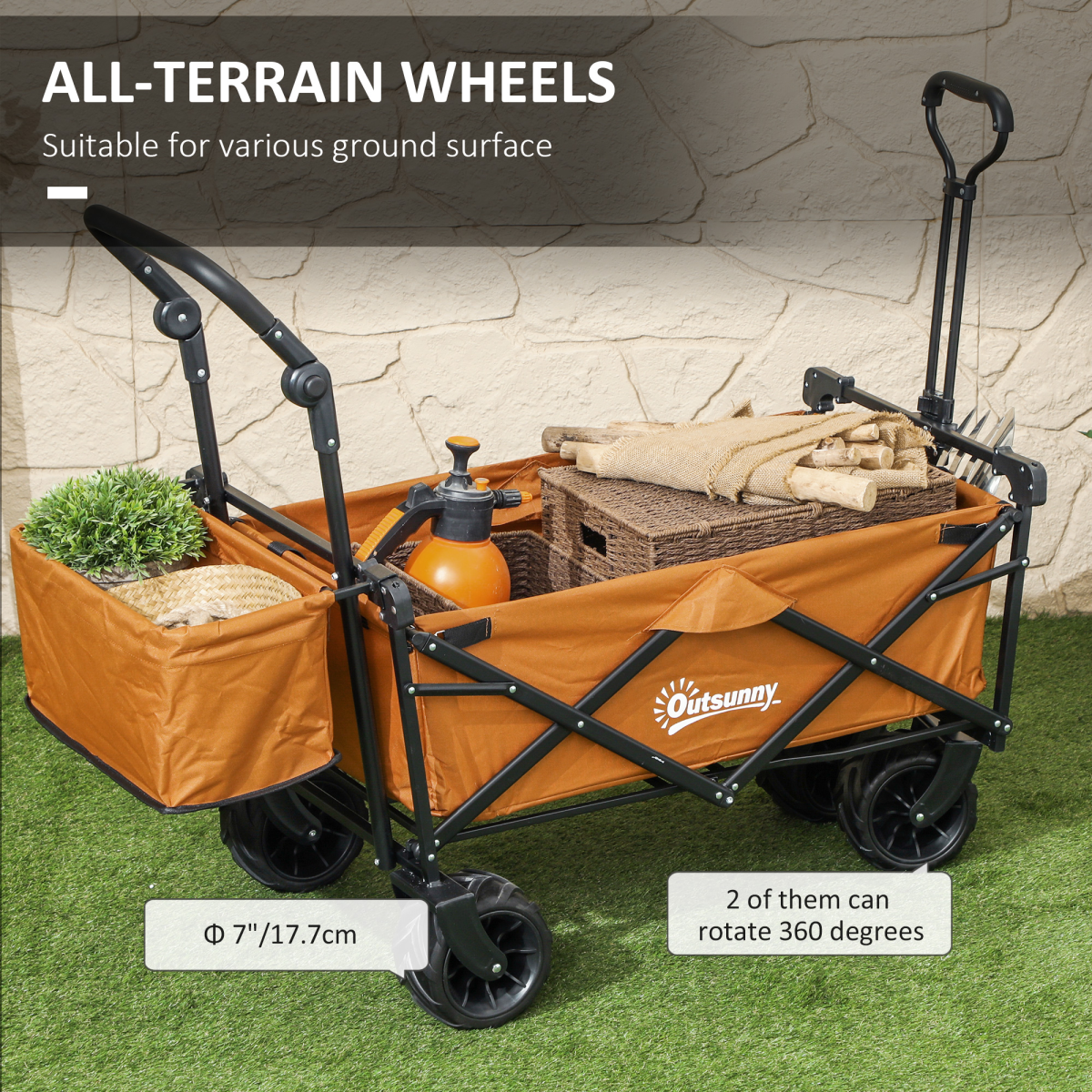 Outsunny Folding Utility Cart with Canopy, 68kg Capacity, Steel Frame & EVA Wheels – Garden Trolley, Orange