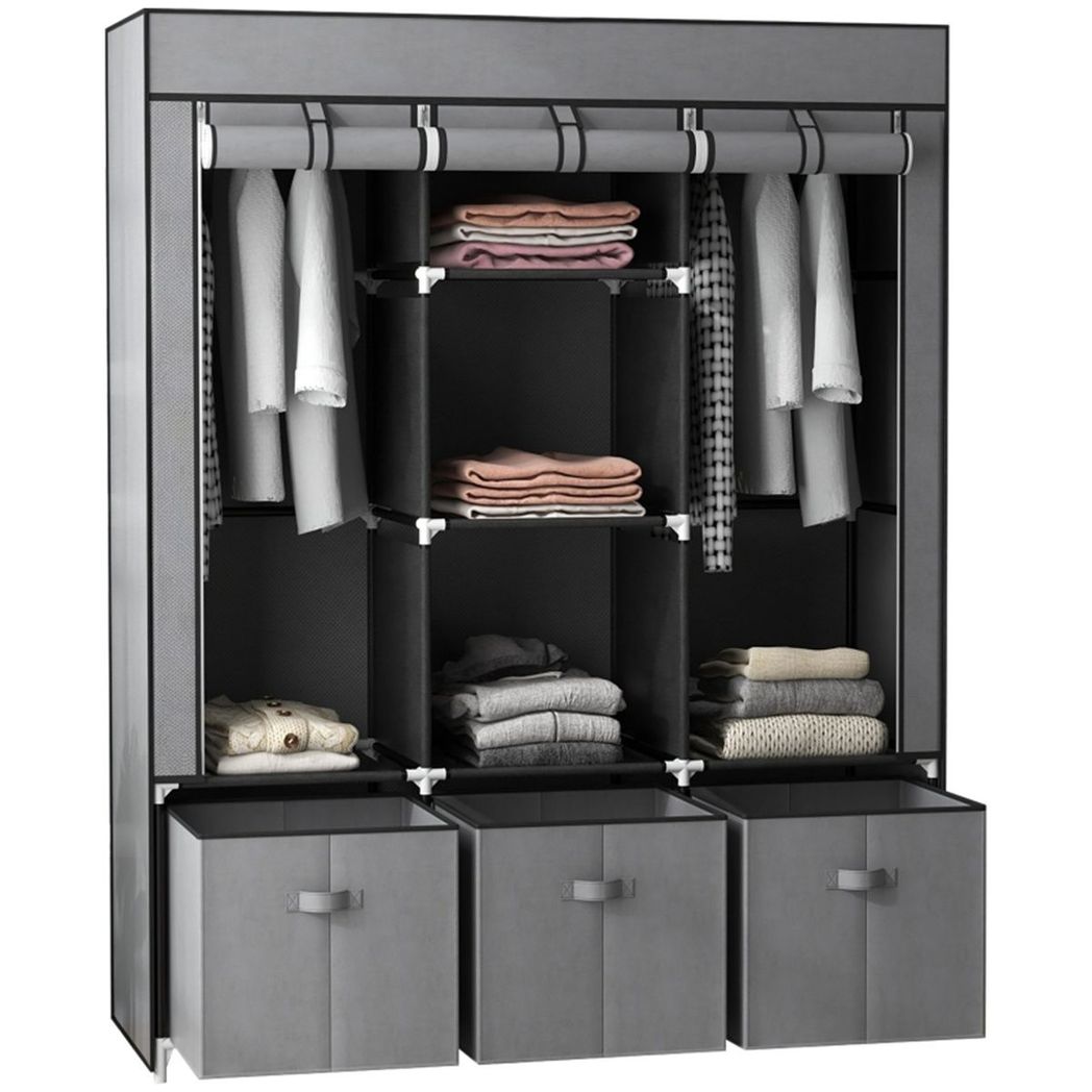 Chester Portable Wardrobe with 2 Hanging Rods, 5 Shelves & 3 Fabric Drawers – Steel Frame Clothes Storage