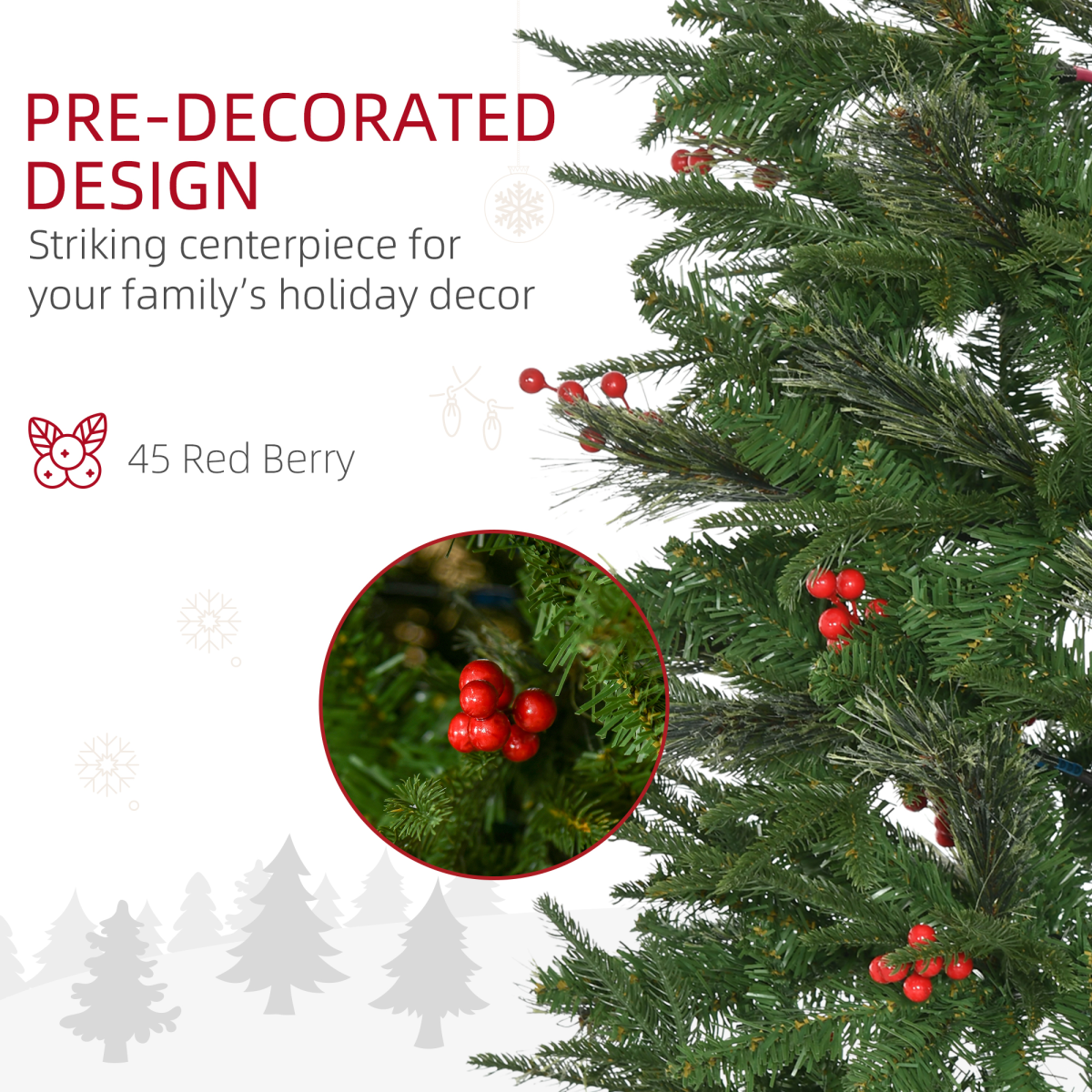 HOMCOM 7ft Unlit Artificial Pencil Christmas Tree with Faux Red Berries, Flame Retardant PVC & Metal Base