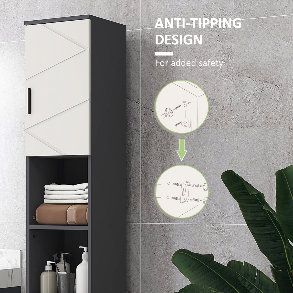 kleankin Tall Slim Bathroom Cabinet with Soft Close Doors – Geometric Panel Storage Unit