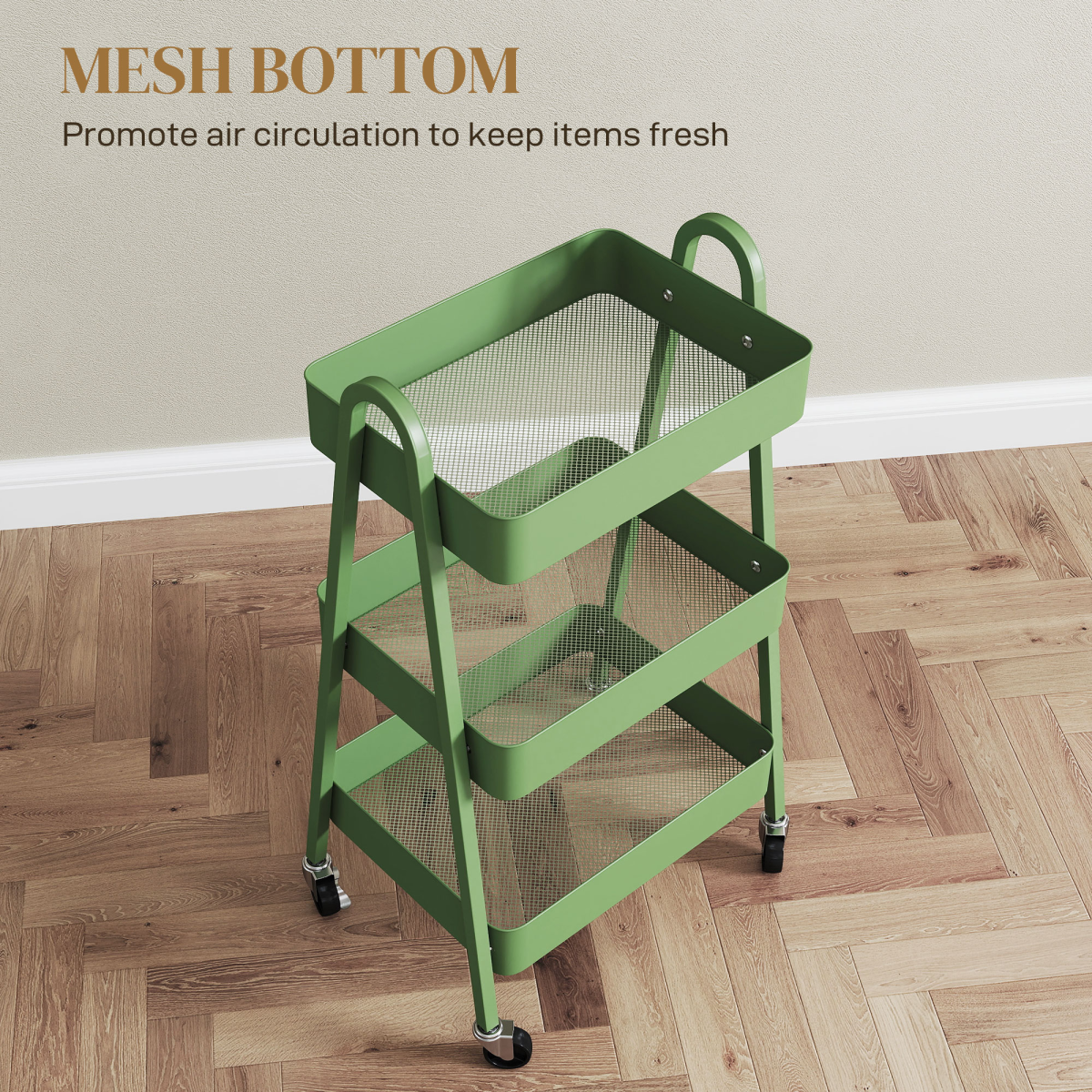 HOMCOM 3-Tier Rolling Utility Cart with Mesh Trays – Kitchen Storage Trolley, Green