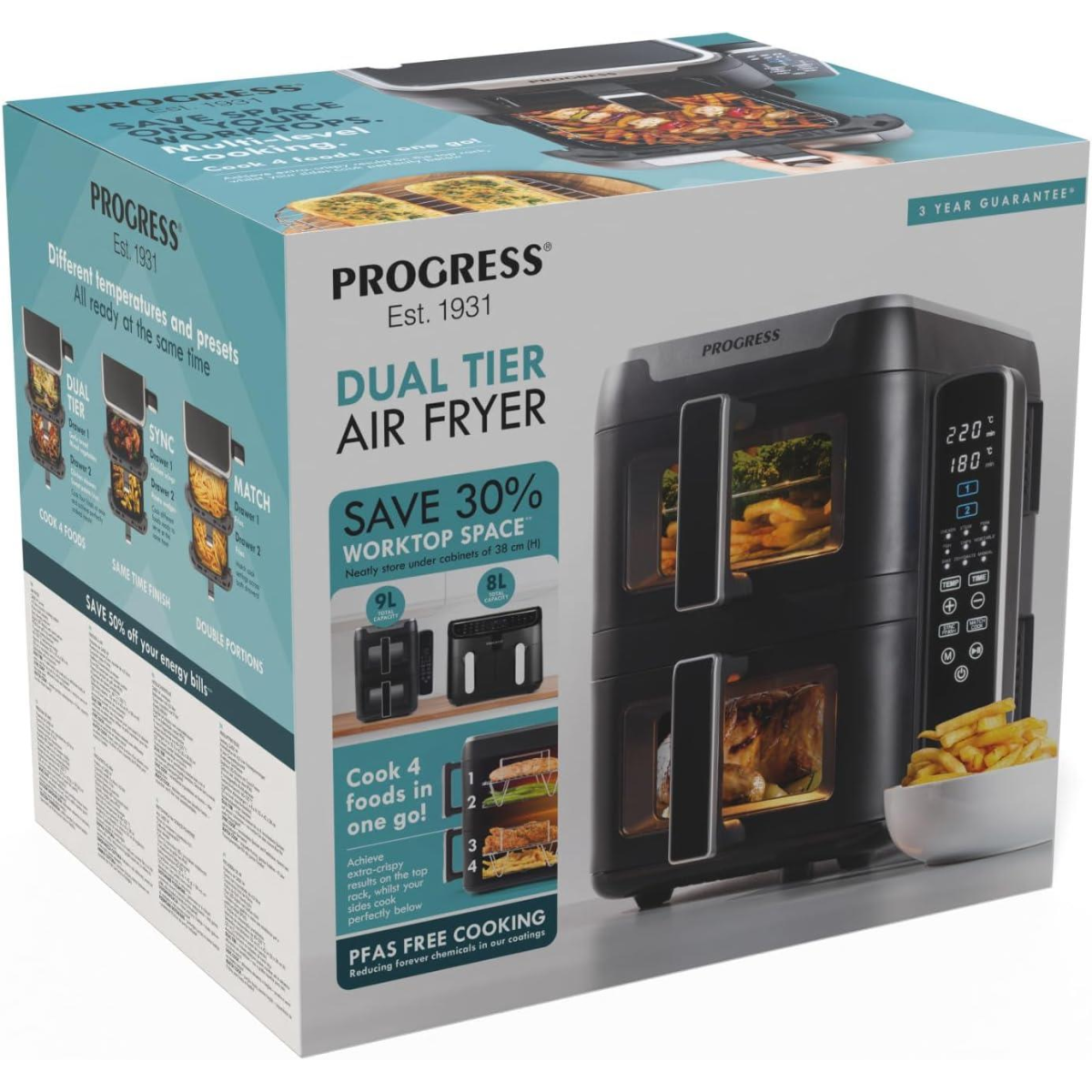 Progress Dual Tier 9L Air Fryer, 2400W – Two-Layer Family Cooking in a Compact Footprint