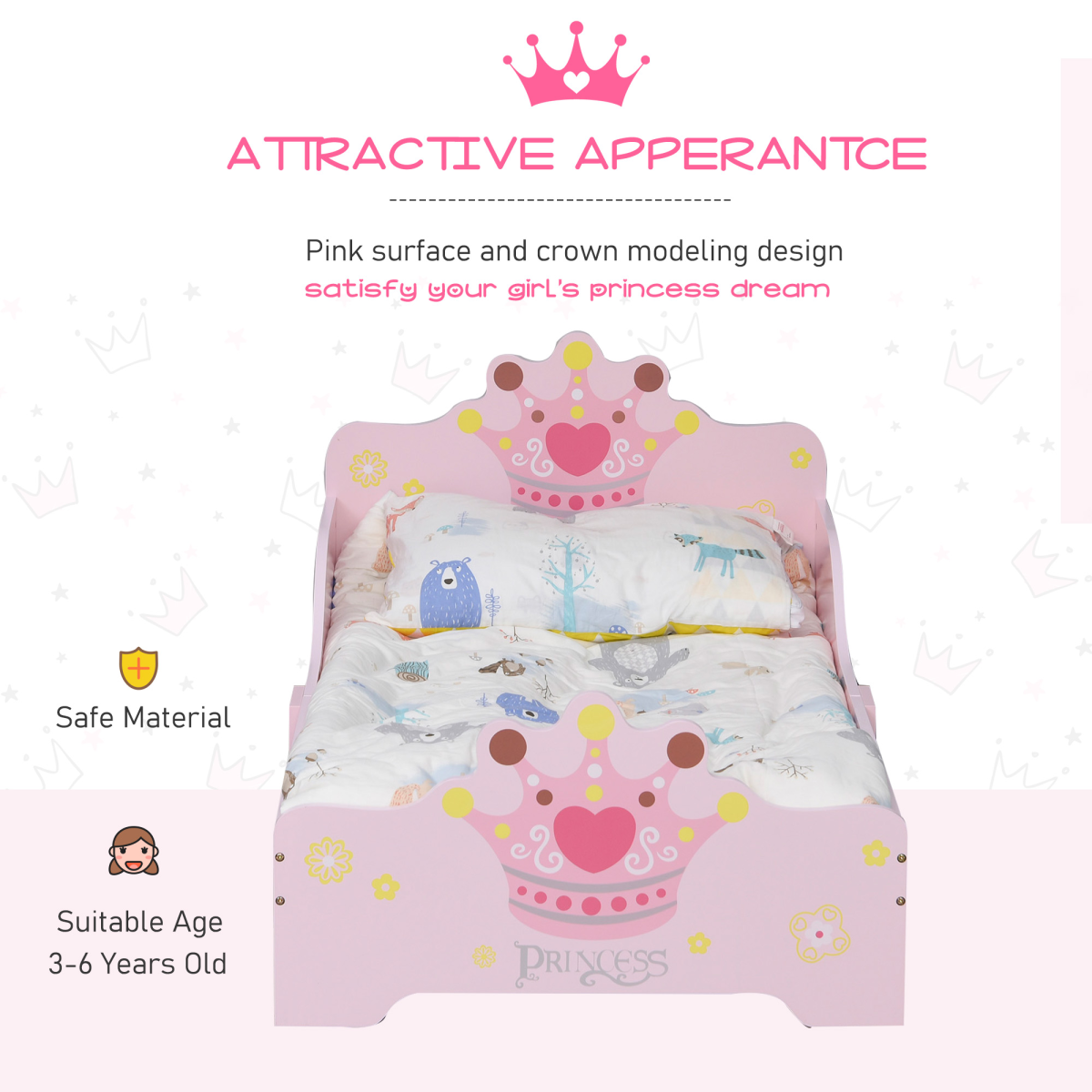 Princess Crown & Flower Wooden Toddler Bed with Safety Side Rails & Slats – Pink, Ages 3-6