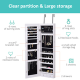 Lockable Hanging Mirrored Jewellery Cabinet with Full-Length Mirror & 6 LED Lights – White