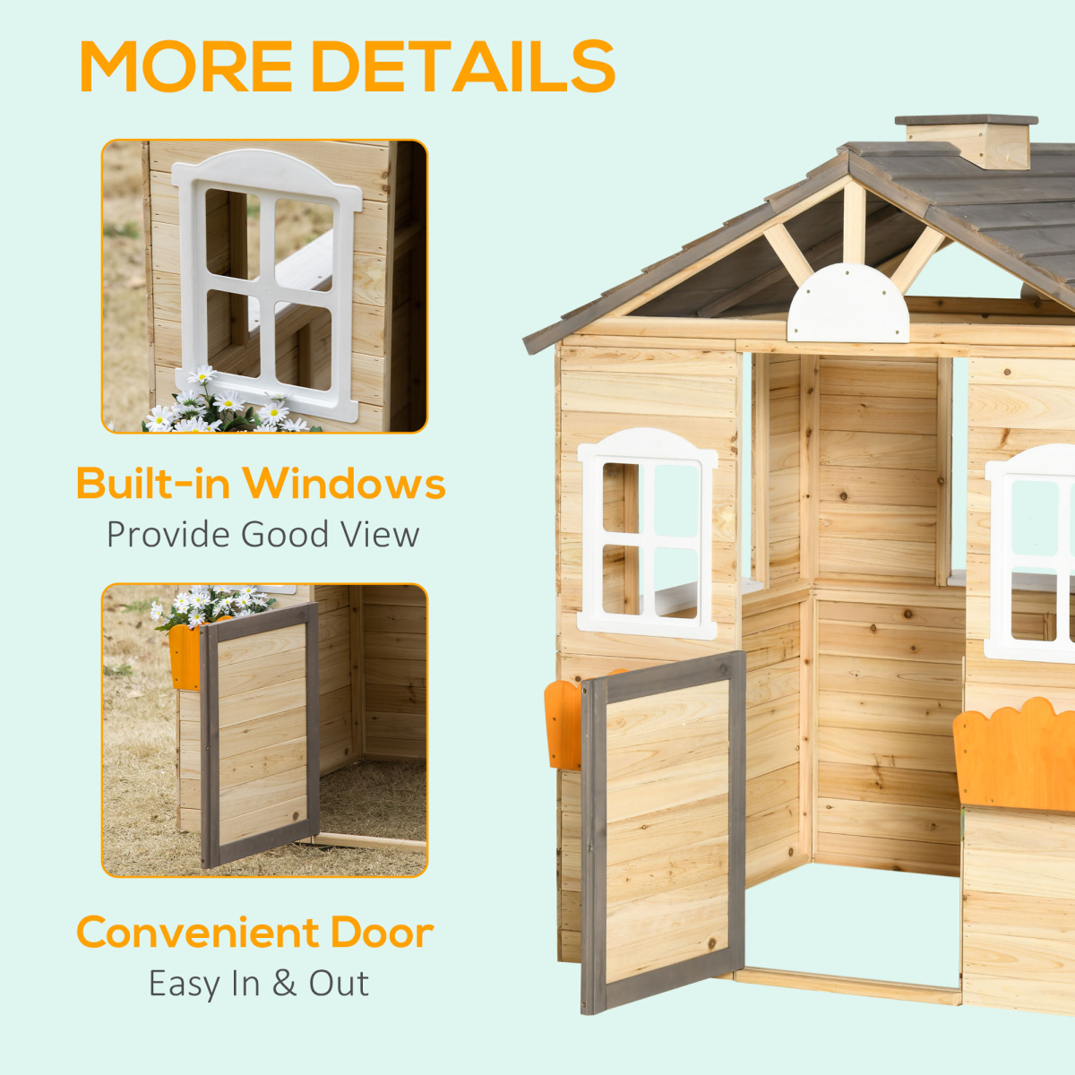 Outsunny Wooden Kids Playhouse with Door, Windows, Bench & Flowerpot Holders – Outdoor Wendy House, Ages 3-7