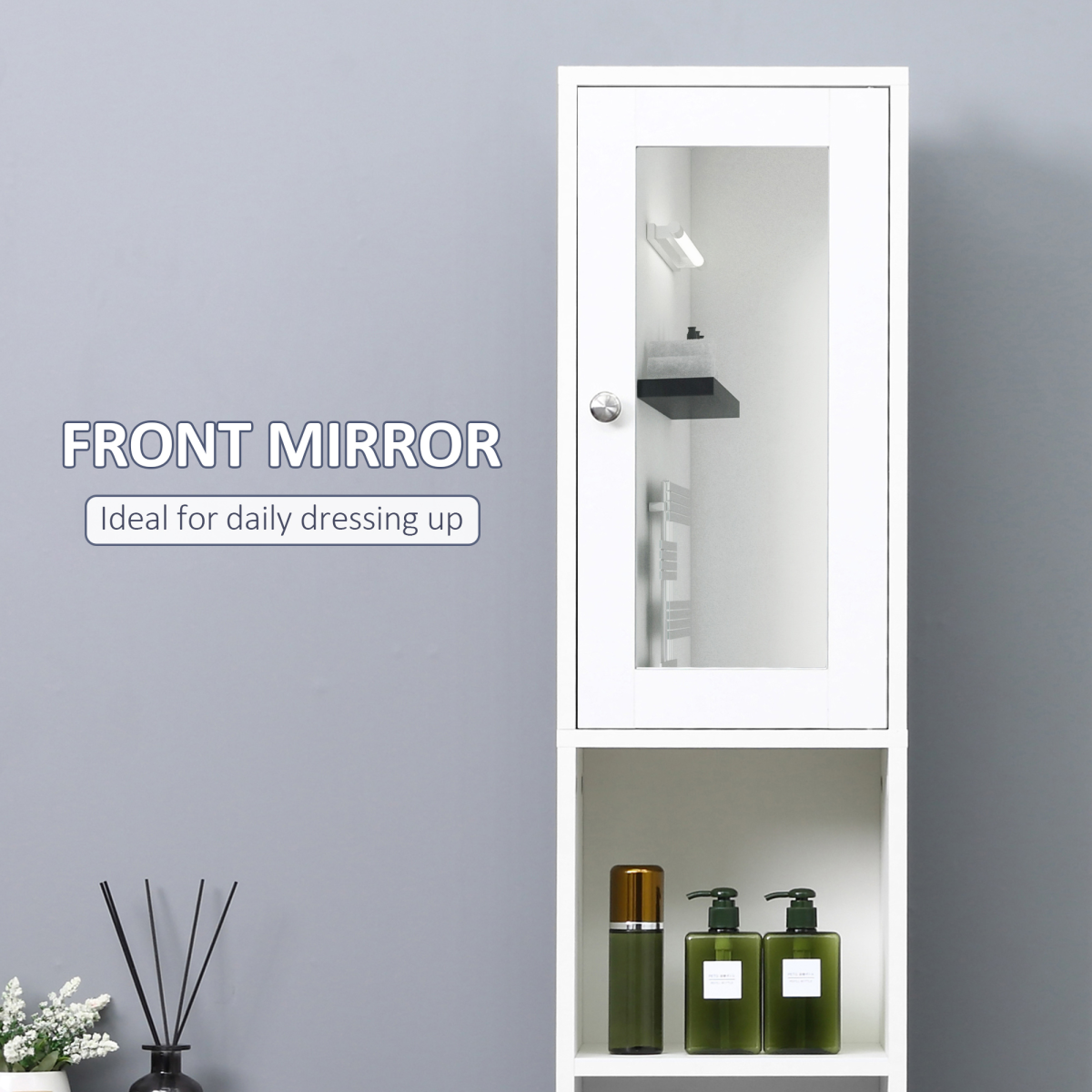 kleankin Tall Bathroom Tallboy Cabinet with Mirror & Shelves – Space-Saving Corner Storage