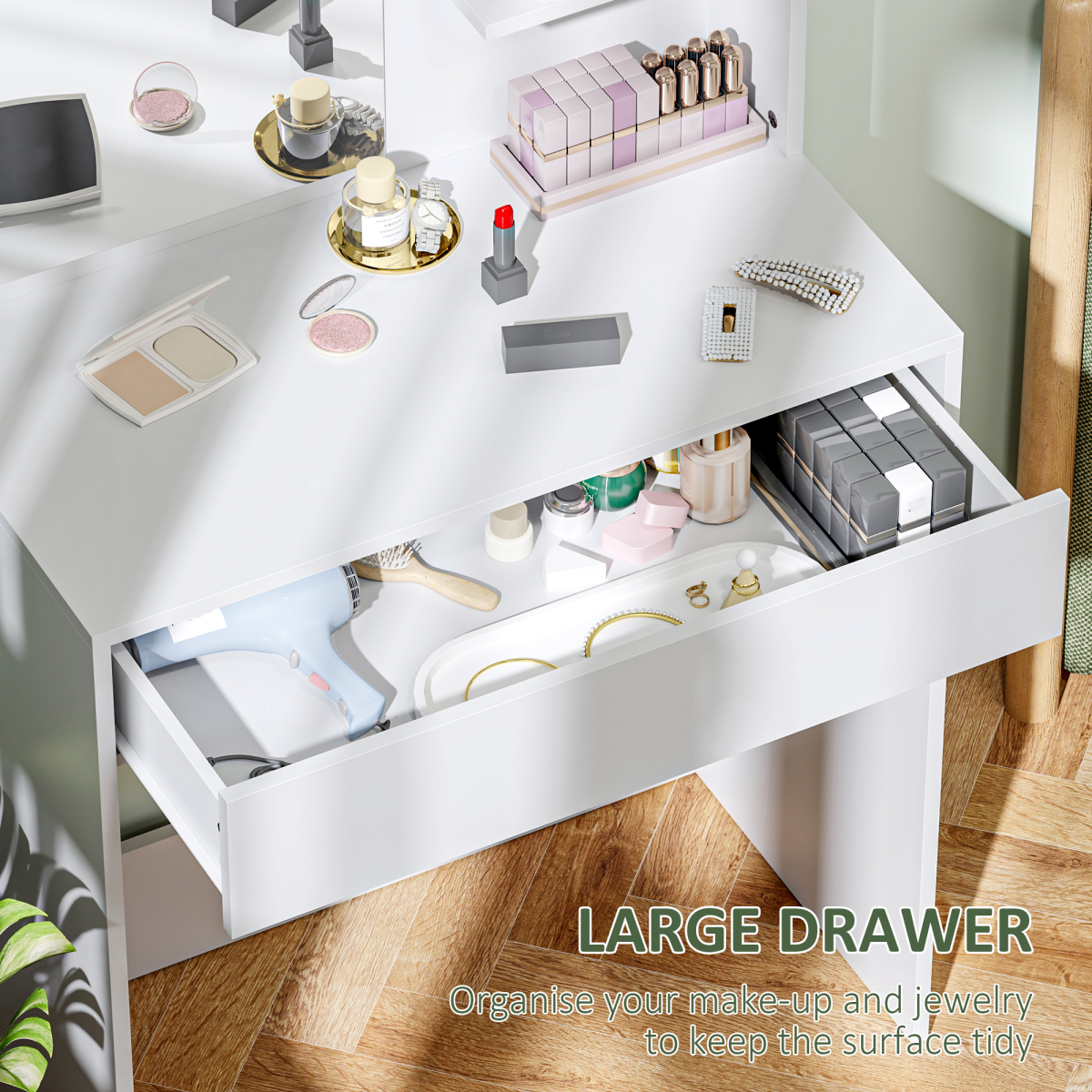 HOMCOM Modern Dressing Table with Large Mirror, Drawer & 3-Tier Open Shelves – Bedroom Vanity, White