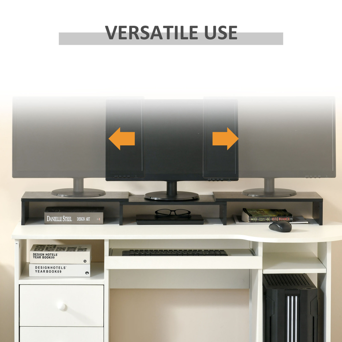 Vinsetto Monitor Stand Riser with Extendable Length 80-117cm and Three-Part Storage – Desk Shelf for Two Laptops