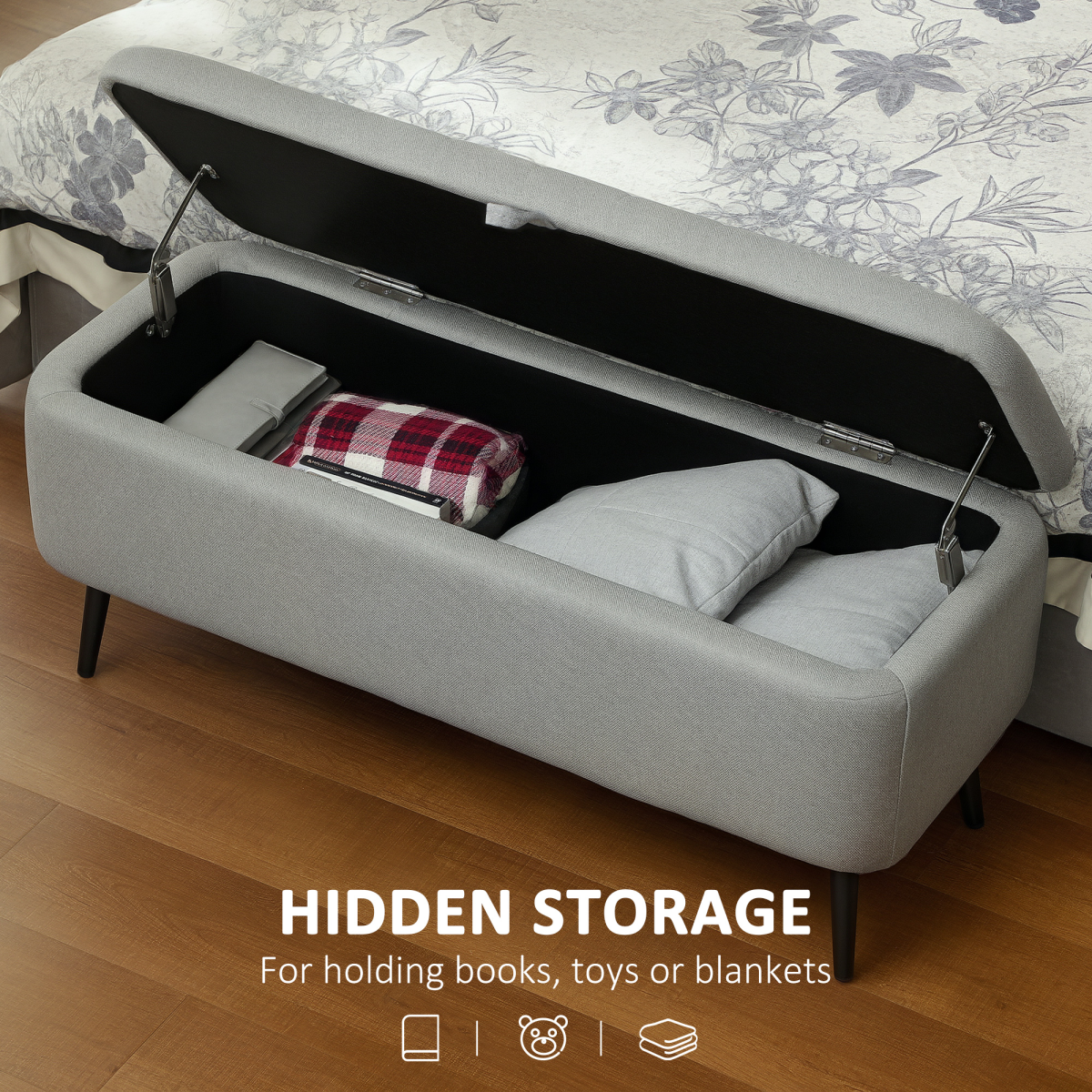 Storage Ottoman Bench with Padded Lid & Steel Legs – 102cm Linen-Touch Footstool with Hidden Storage, Dark Blue