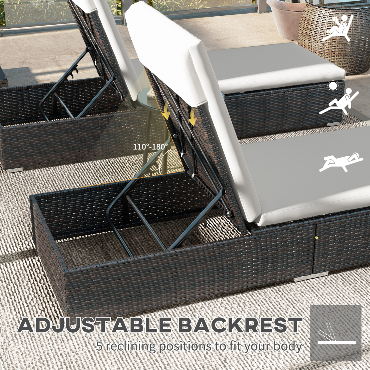 Outsunny Rattan Sun Loungers Set of 2 with 5-Position Backrest & Padded Seats – Garden Recliners, Brown