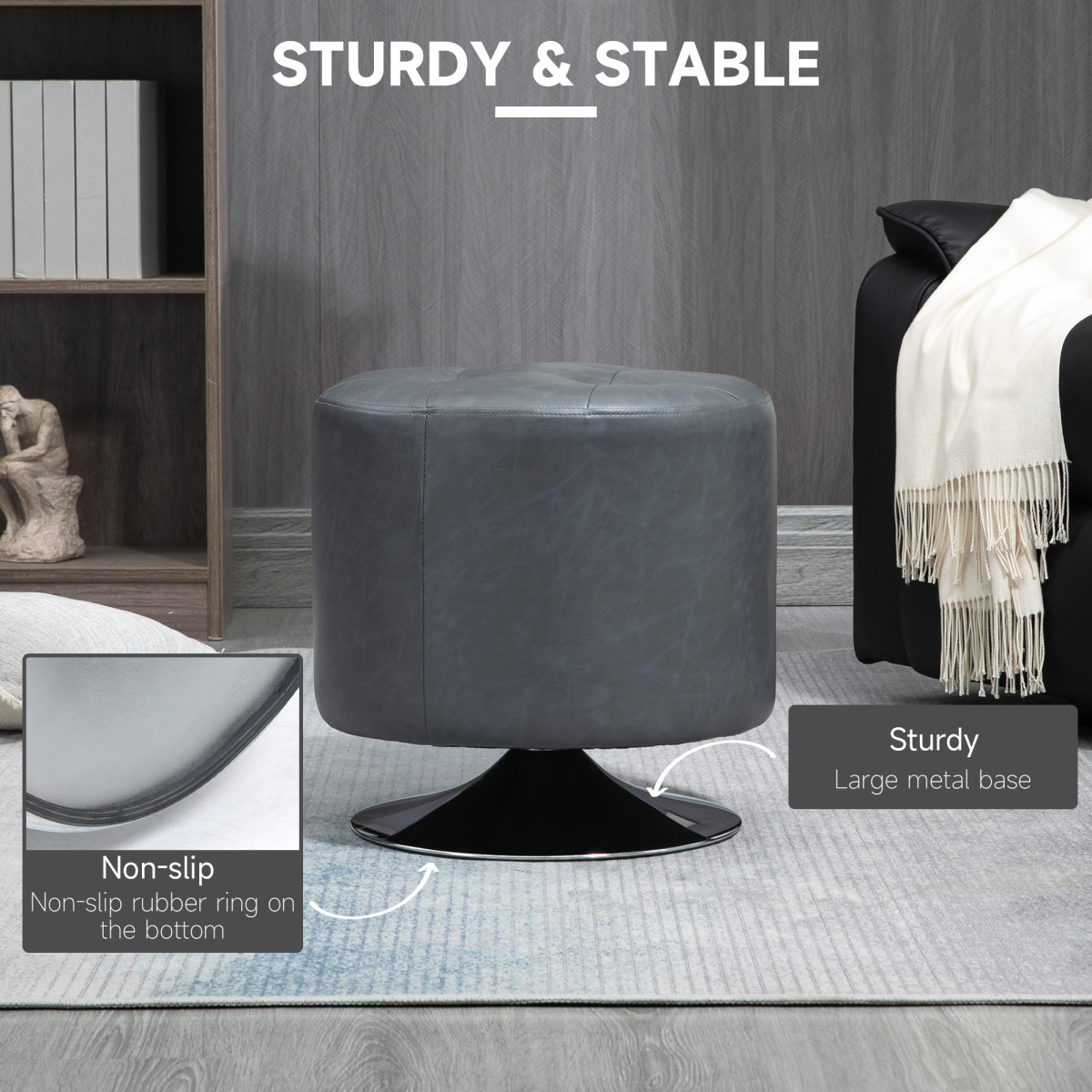 HOMCOM 360° Swivel PU Leather Footstool Ottoman with Steel Base – Footrest or Extra Seat, Grey