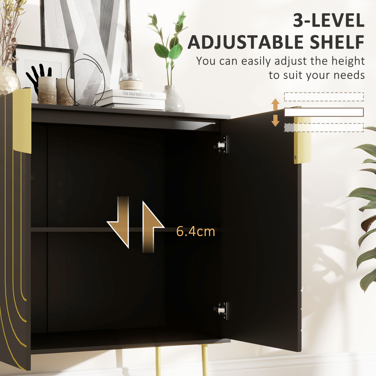 HOMCOM Art Deco Storage Cabinet with Gold Embossed Doors & Adjustable Shelf – Freestanding, Black