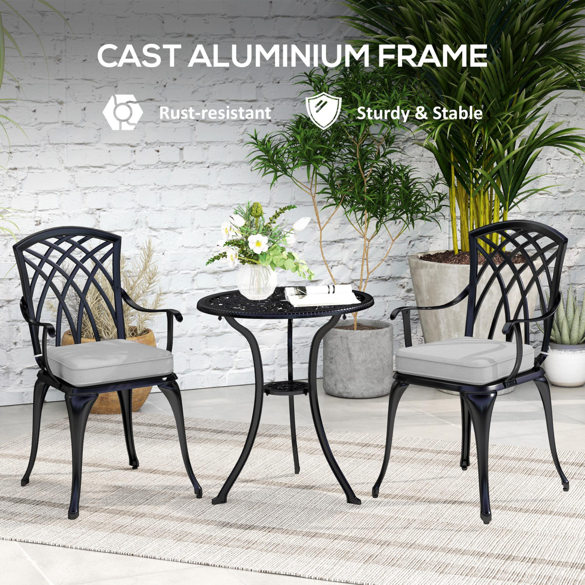 Outsunny 3-Piece Cast Aluminium Bistro Set with Parasol Hole Table & Cushioned Chairs – Garden Patio Furniture, Black