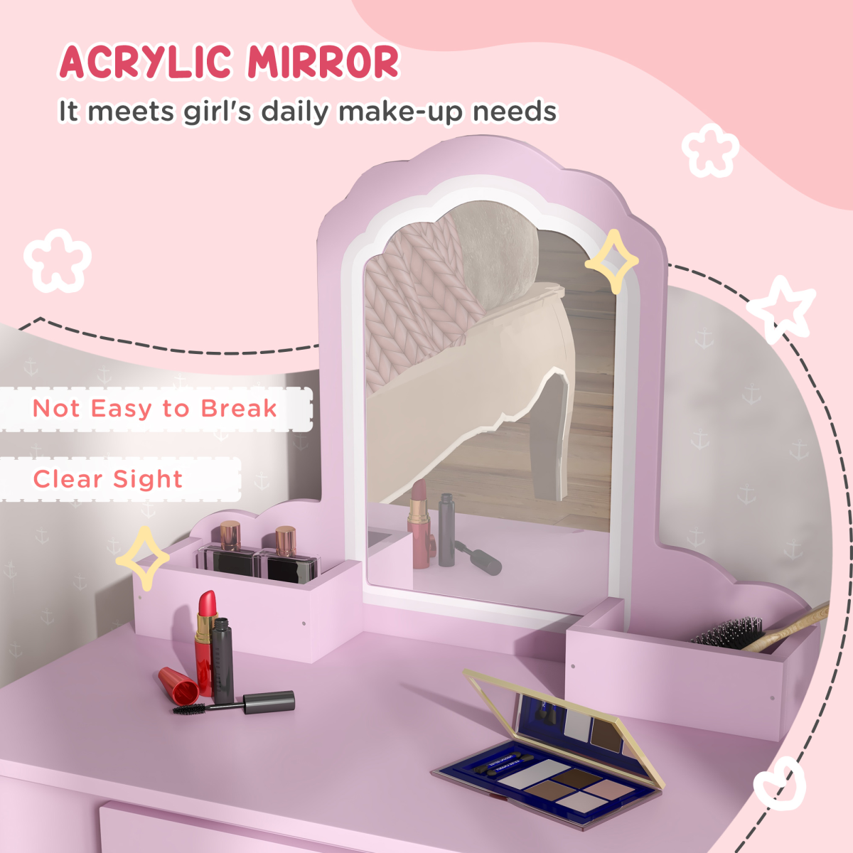 ZONEKIZ Kids Dressing Table with Cloud Design, Mirror, Stool, Drawer and Storage Boxes – Pink