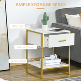 Modern Bedside Table with Drawer and Bottom Shelf – Gold-Tone Metal Frame Nightstand, White