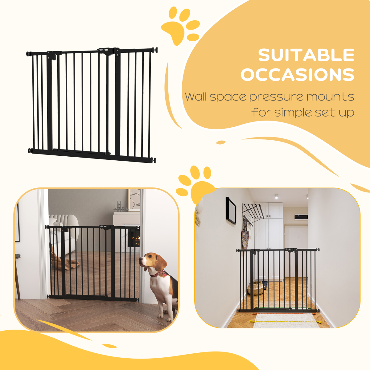 PawHut Adjustable Safety Gate with 2 Extensions and 4 Screws – Pet Gate for Doors and Stairs, Black
