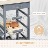 HOMCOM Kitchen Island Trolley with 4 Removable Baskets, Drawer & Side Racks – Dark Grey