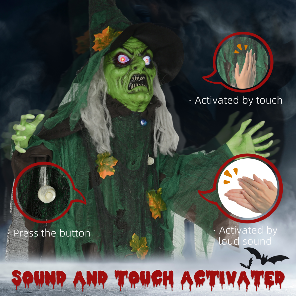 HOMCOM 6ft Outdoor Halloween Witch Prop Decoration with Light Up Eyes and Heart