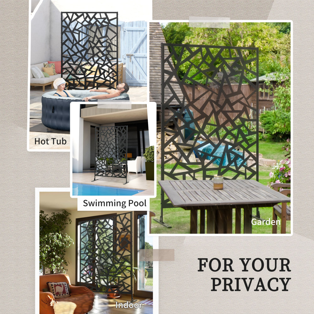 Outsunny Black Steel Garden Partition Screen with Hollow Irregular Design, Freestanding Divider, 198cm