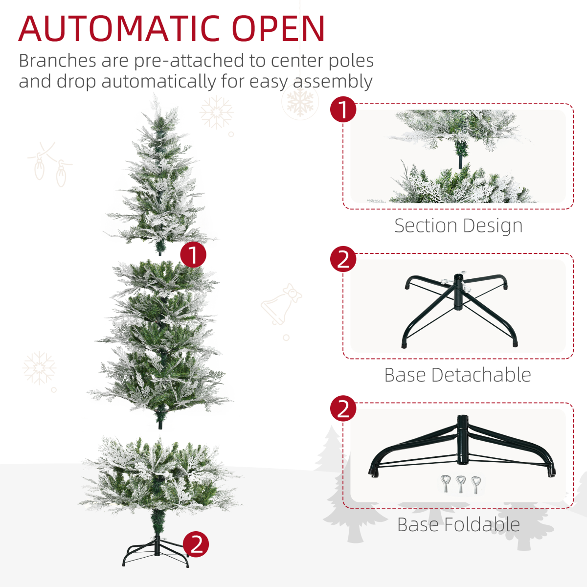 HOMCOM 7ft Snow Flocked Artificial Christmas Tree with Pencil Shape, Auto Open Branches and Metal Base