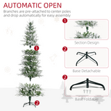 HOMCOM 7ft Snow Flocked Artificial Christmas Tree with Pencil Shape, Auto Open Branches and Metal Base