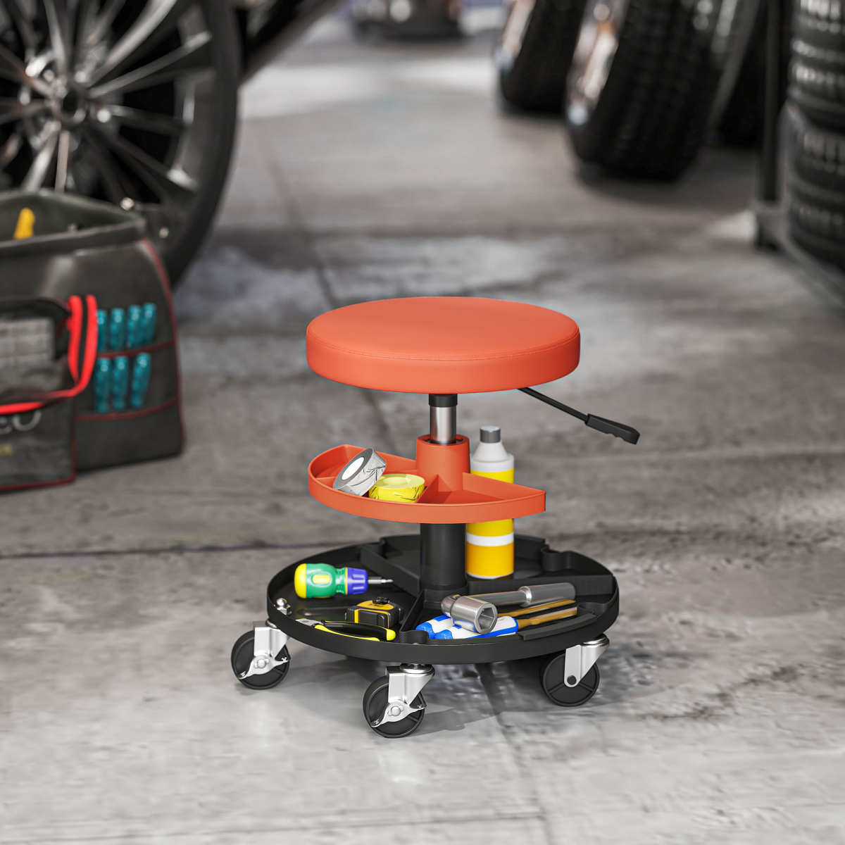 Mechanic Stool with Tool Trays and 5 Lockable Casters – Height-Adjustable 40–51 cm Workshop Seat, Yellow